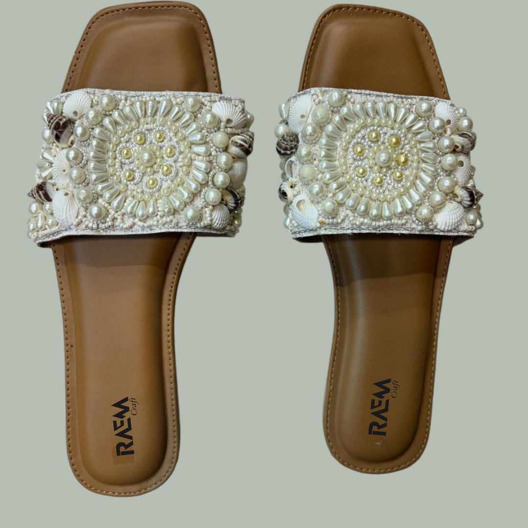 Elegant Pearl & Shell Embellished Slide Sandals