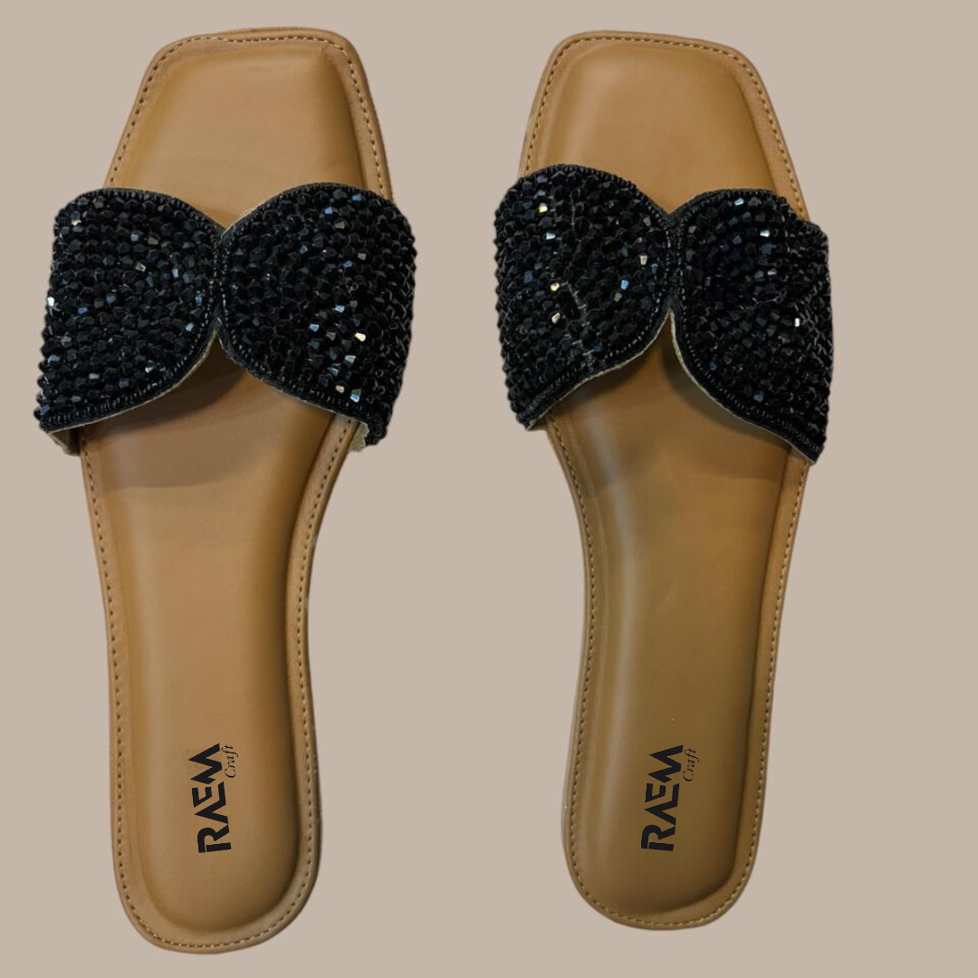 Black Beaded Glam Slide Sandals