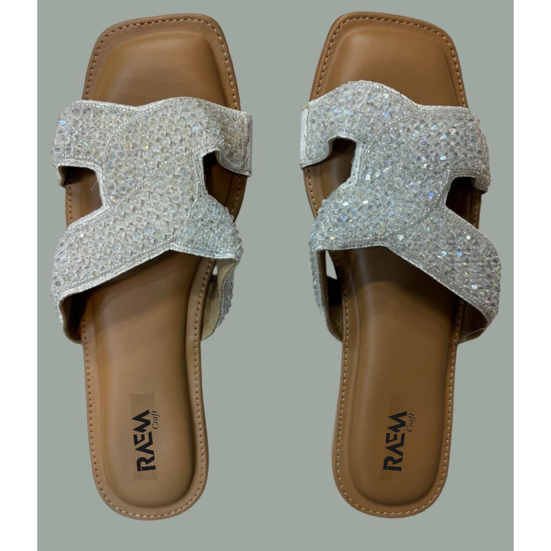 Crystal-Embellished White Slip-On Sandals