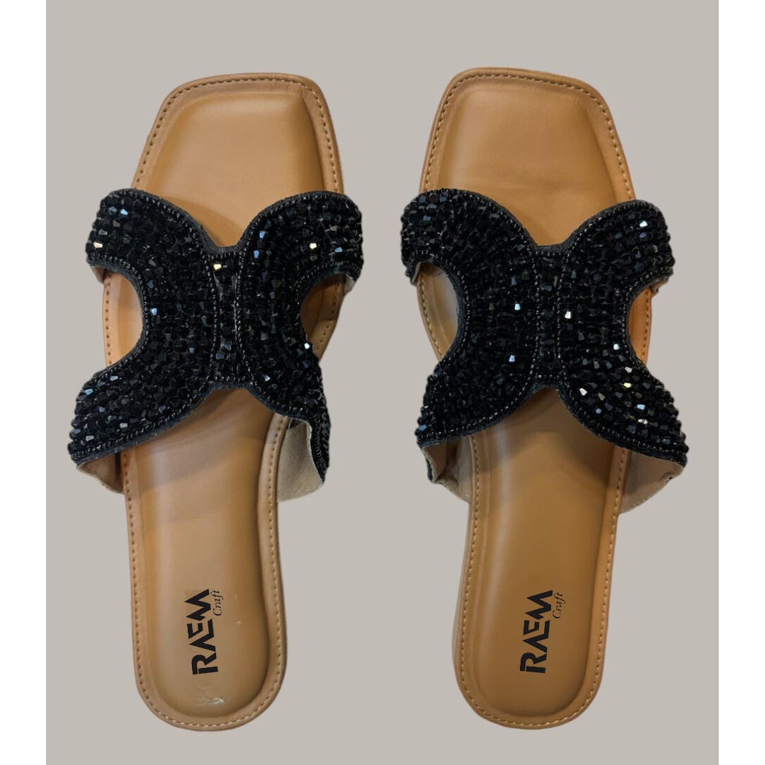 Glamorous Black Beaded Slip-On Sandals