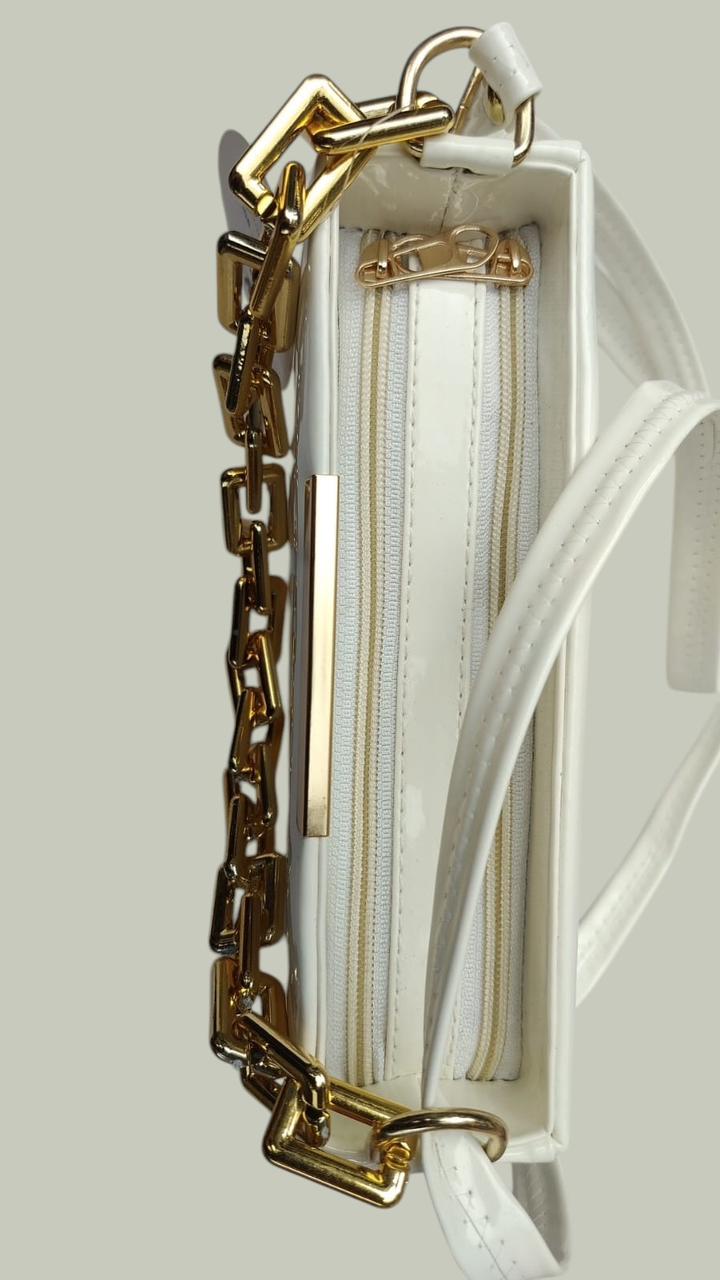 Elegant White Handbag with Gold Chain Accent